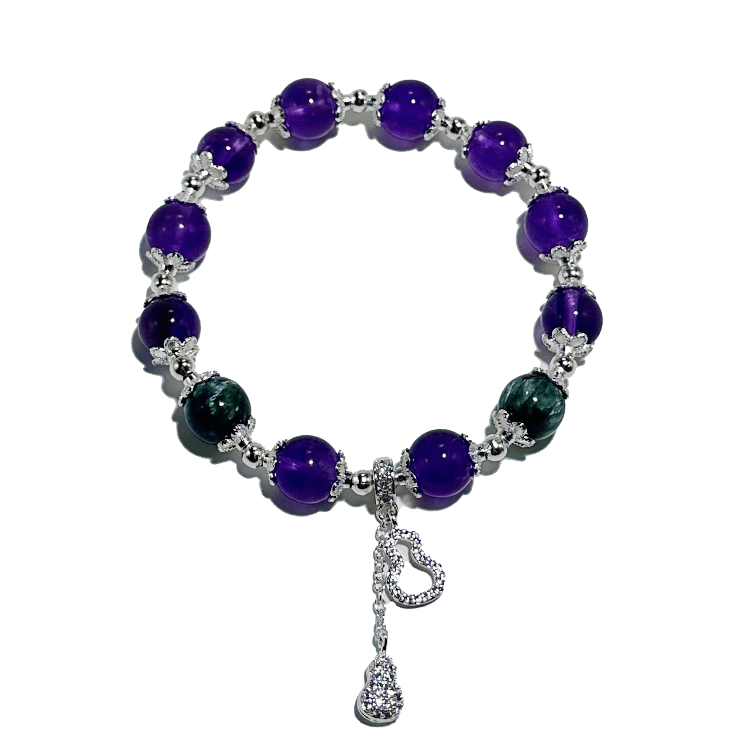 Amethyst Elegance – Amethyst & Malachite Bracelet with Heart Charm - ASTROSOUL